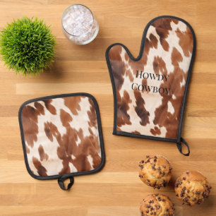 Western Cream Brown Cowhide Oven Mitt & Pot Holder Set