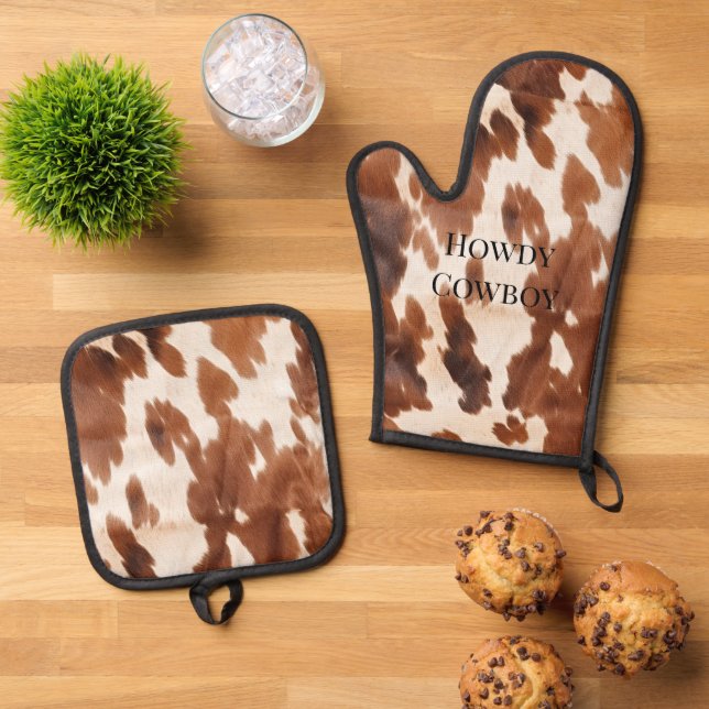 Western Cream Brown Cowhide Oven Mitt & Pot Holder Set (Top Down)