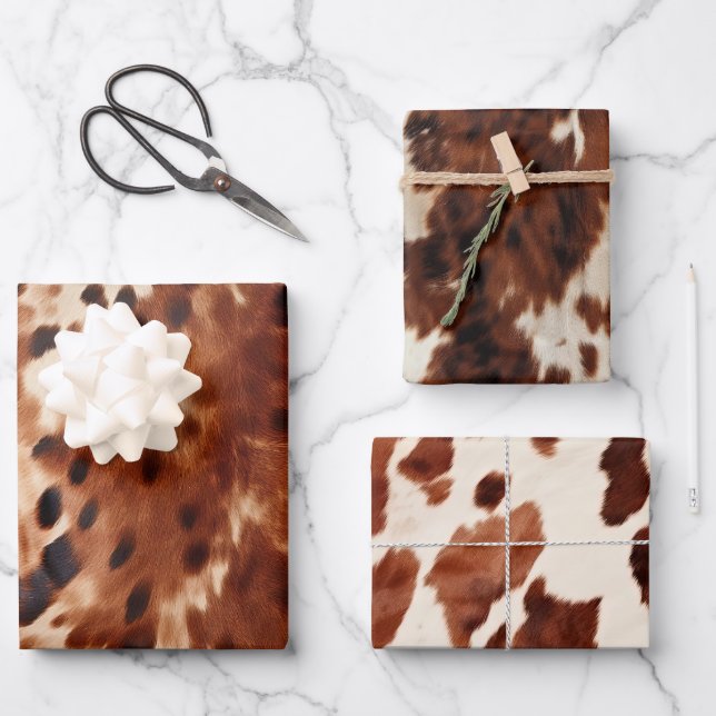 Western Cream Spotted Brown Black Cowhide  Wrapping Paper Sheet (Front)