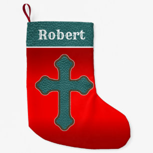 Western Cross Teal Faux Leather On Red Background Small Christmas Stocking