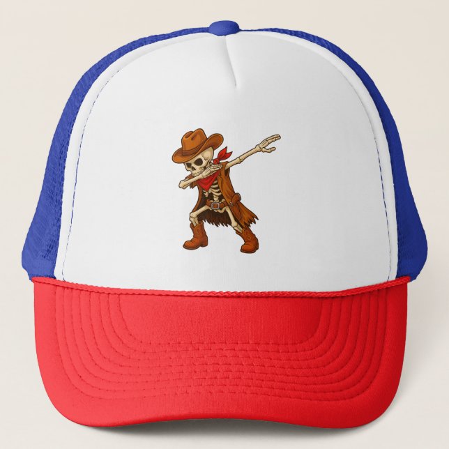 Western Dabbing Cowboy Skeleton Dab Halloween  Trucker Hat (Front)