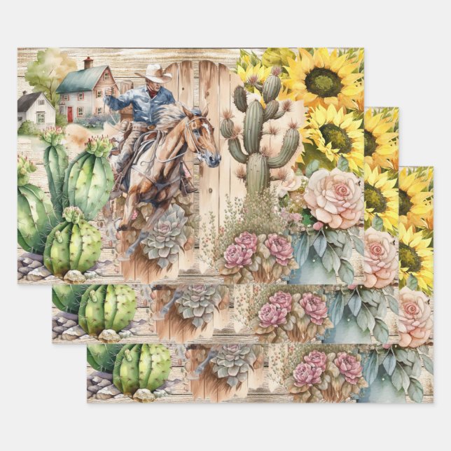 Western decoupage - cowboy sunflower rustic ranch wrapping paper sheet (Set)