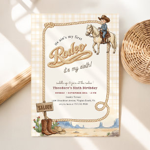Western Desert Boy Plaid Cowboy Rodeo 6th Birthday Invitation