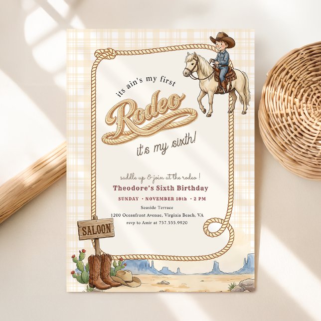 Western Desert Boy Plaid Cowboy Rodeo 6th Birthday Invitation (Creator Uploaded)