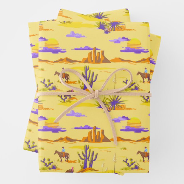 Western Desert Cowboy Horse Mesa Cactus Rustic Wrapping Paper Sheet (In situ)