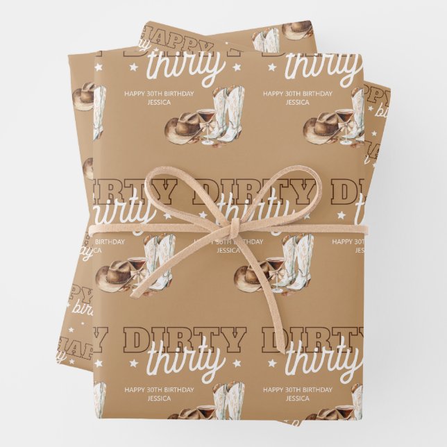 Western Dirty Thirty Cowgirl 30th Birthday Party Wrapping Paper Sheet (In situ)