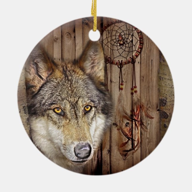 Western dream catcher  native american indian wolf ceramic tree decoration (Back)