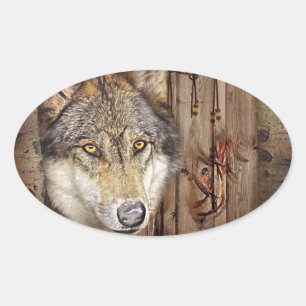 Western dream catcher native american indian wolf oval sticker