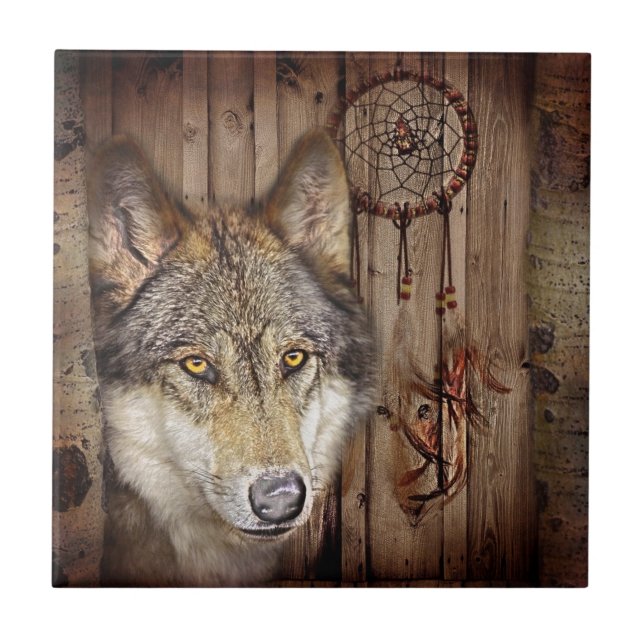 Western dream catcher  native american indian wolf tile (Front)
