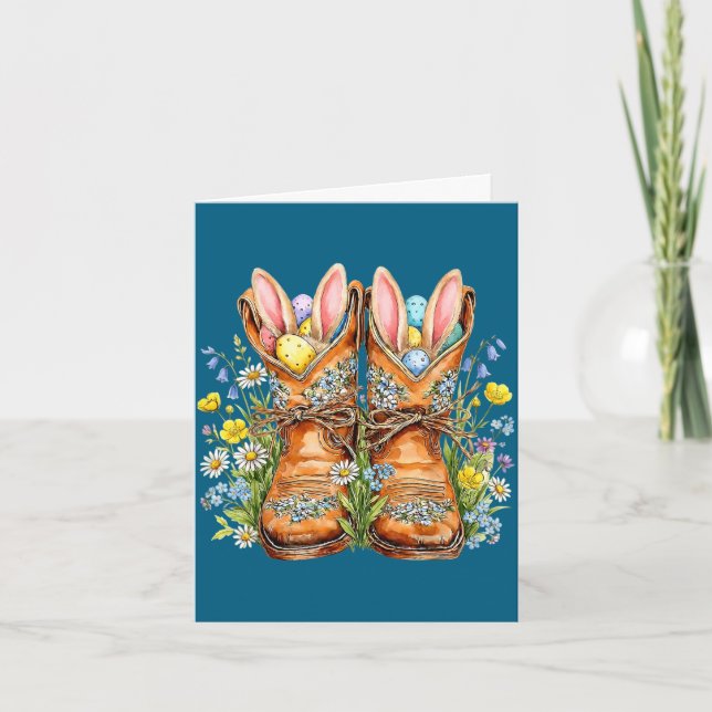 Western easter cowboy boots bunny ears howdy card (Front)