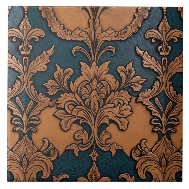 Western Embossed Leather Tan Denim Blue Tile (Front)