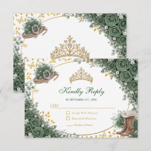 Western Emerald Green Golden Country Quinceañera RSVP Card