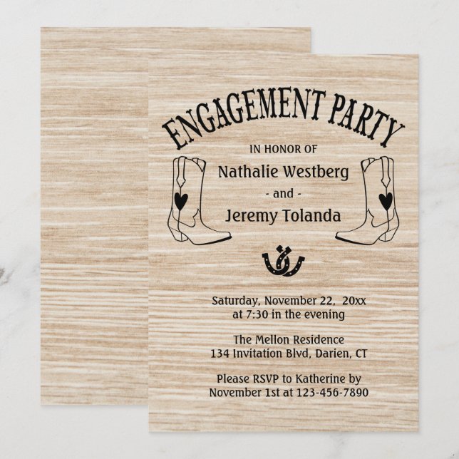 Western Engagement Party Wood Cowboy Boot Country Invitation (Front/Back)