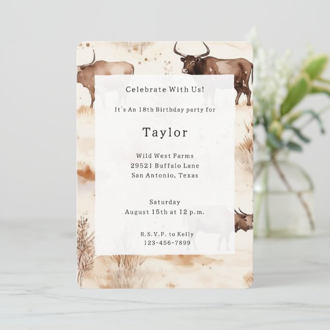 Western Farm Animal Highland Cow Birthday   Invitation (Standing Front)