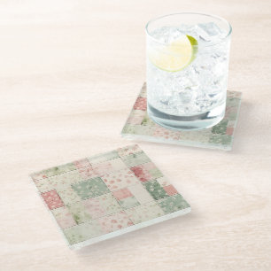 Western Farm Mint Pink Floral Quilt Patterns Glass Coaster