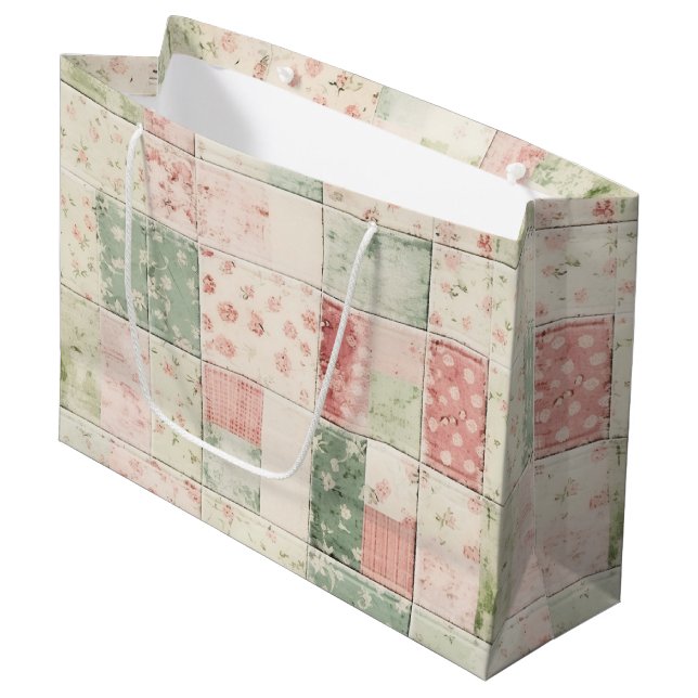 Western Farm Mint Pink Floral Quilt Patterns Large Gift Bag (Front Angled)