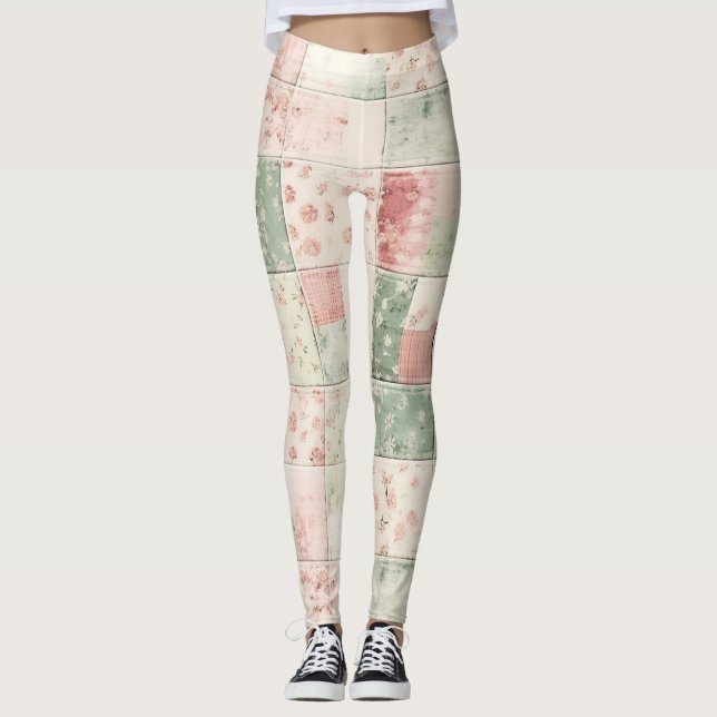 Western Farm Mint Pink Floral Quilt Patterns Leggings (Front)