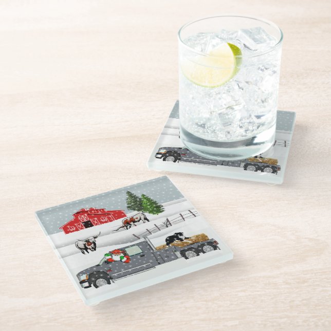 Western Farm Ranch Santa Cattle and Dog  Glass Coaster (Angled)