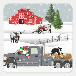 Western Farm Ranch Santa Cattle and Dog Square Sticker