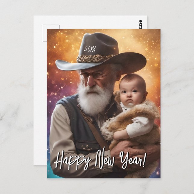 Western Father Time and Baby New Year Postcard (Front/Back)