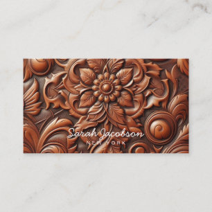 Western Faux Brown Leather Tooled Business Card
