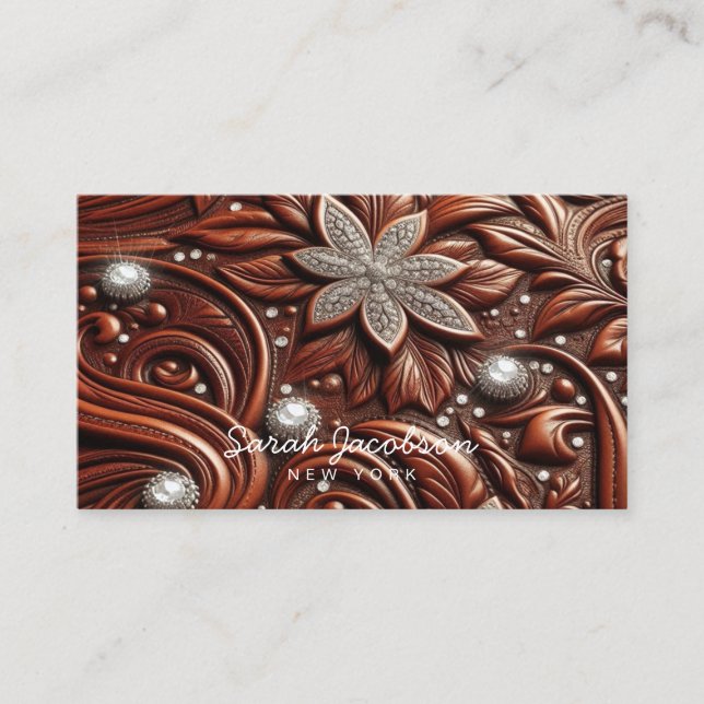 Western Faux Leather Tooled Floral Diamond Pattern Business Card (Front)