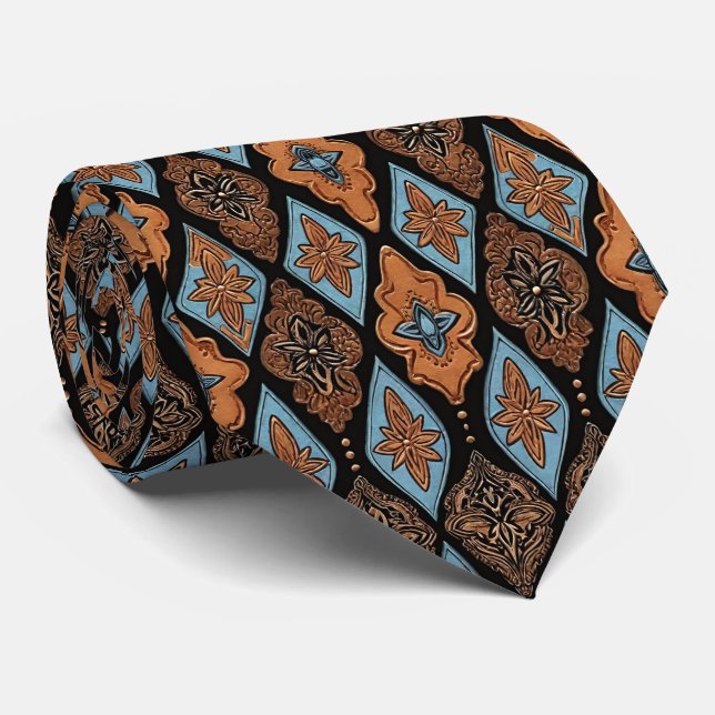 Western Faux Tooled Leather Tan and Turquoise Tie (Rolled)