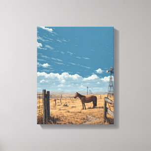 Western Fence Horse Blue Sky Art Canvas Print