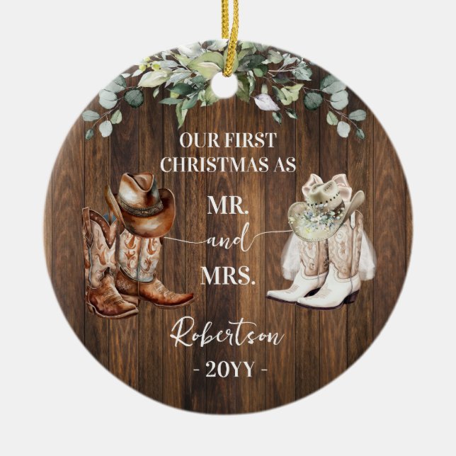 Western First Christmas as Mr & Mrs Cowboy Cowgirl Ceramic Tree Decoration (Front)