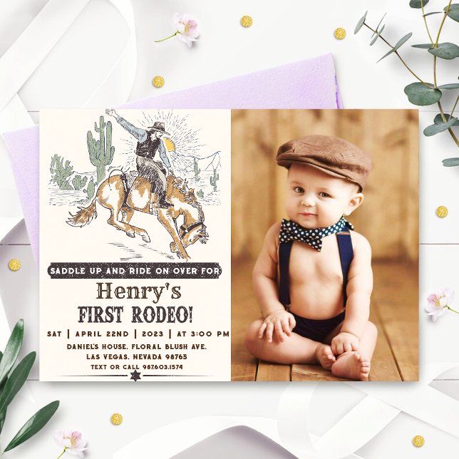 Western First Rodeo Cowboy 1st Birthday Photo Invitation (Creator Uploaded)