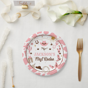 Western First Rodeo Girl 1st Birthday Pink Paper Plate