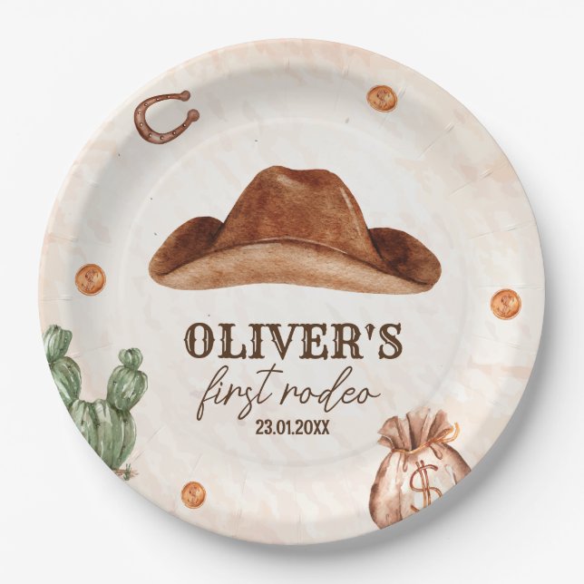 Western First Rodeo Wild West Cowboy 1st Birthday Paper Plate (Front)