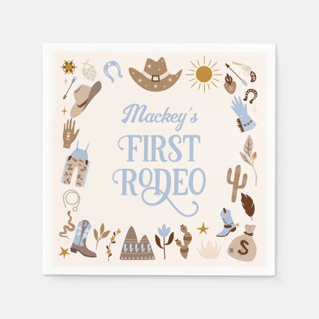 Western First Rodeo Wild West Cowboy Blue Birthday Napkin (Front)