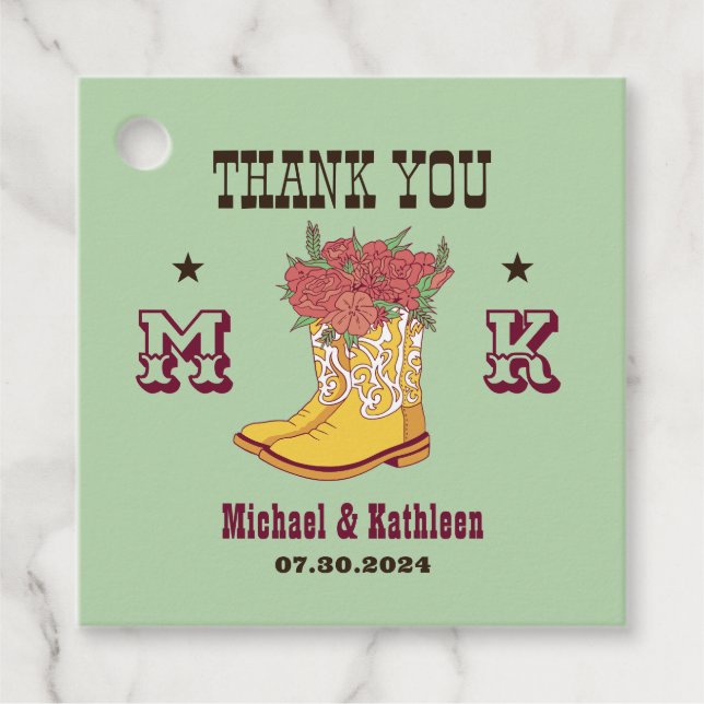 Western Floral Cowboy Boot Monogram Rustic Wedding Favour Tags (Front)