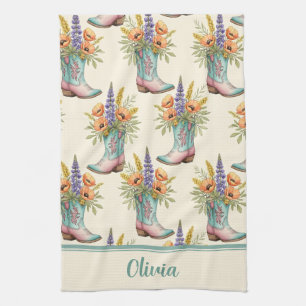 Western Floral Cowboy Boot Teal & Pink Tea Towel