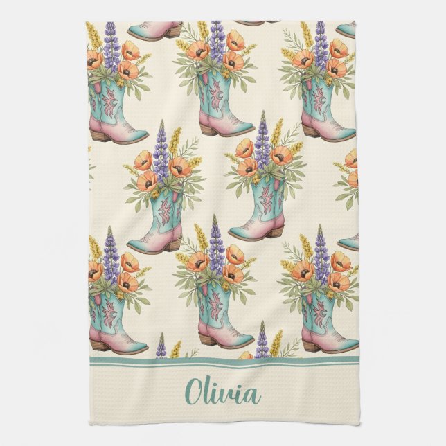 Western Floral Cowboy Boot Teal & Pink Tea Towel (Vertical)