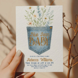Western Floral Denim Boy Blue Jean Baby Shower Invitation