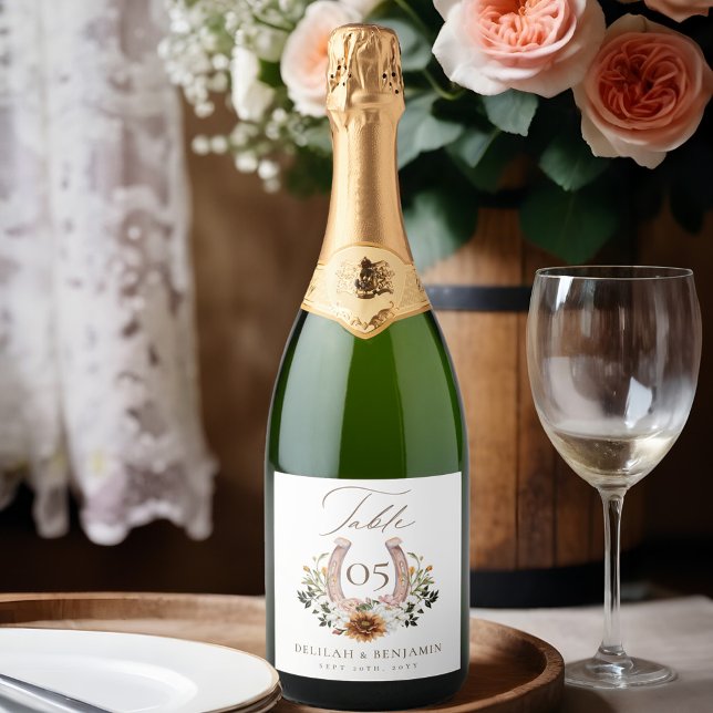Western Floral Horseshoe Wedding Table Number Sparkling Wine Label (Western Floral Horseshoe Wedding Table Number Sparkling Wine Label)