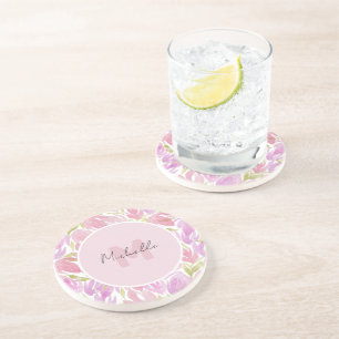 Western Fuchsia Pink Watercolor Flowers Monogram Coaster