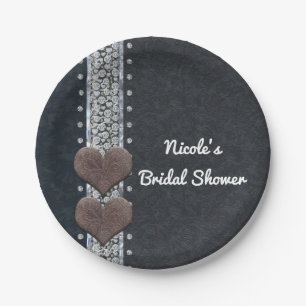 Western Glam Black Leather & Diamonds Bling Party Paper Plate
