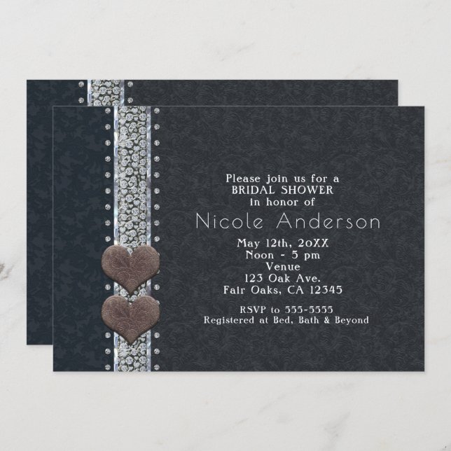 Western Glam Black Leather & Diamonds Invitations (Front/Back)