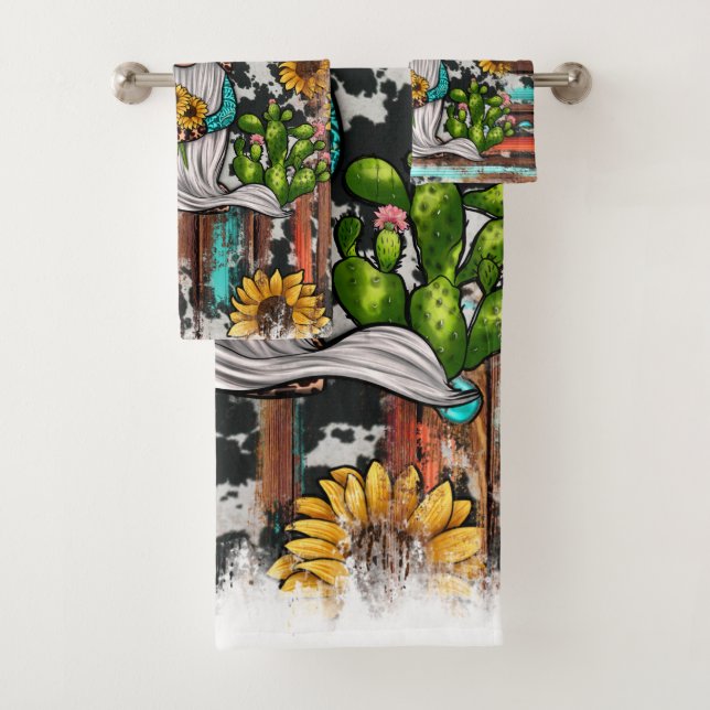 Western Gnome Sunflowers Turquoise Stones Bath Towel Set (Insitu)