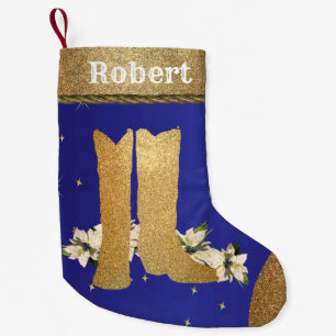 Western Gold Cowboy Cowgirl Boots On Blue Small Christmas Stocking