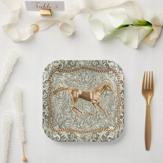 Western Gold Horse Belt Buckle Paper Plate (Wedding)