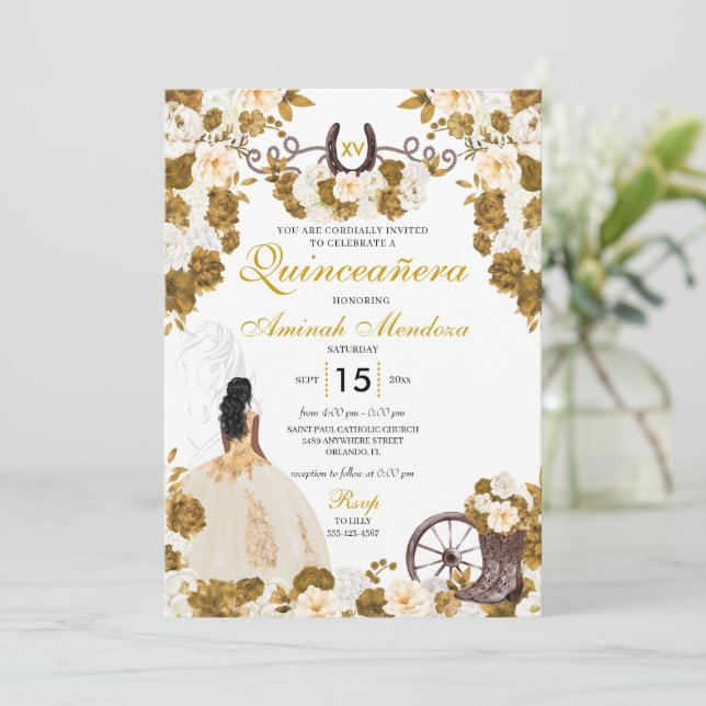 Western Gold Ivory Charro Cowgirl Quinceañera Invitation (Standing Front)