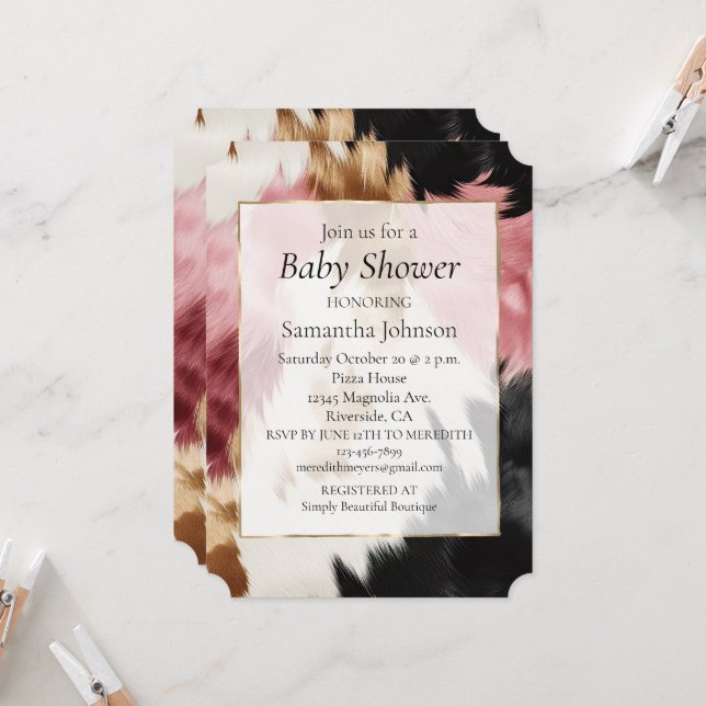 Western Gold Pink Black Cream Cowgirl Cowhide  Invitation (Front/Back In Situ)