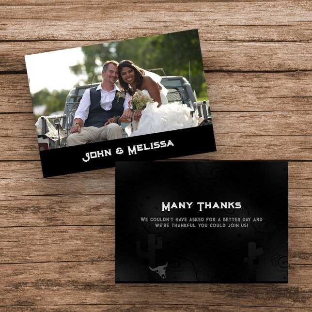 Western Goth Wedding Stationery Thank You Card (Flat Photo Thank You Card with Western Gothic Design)