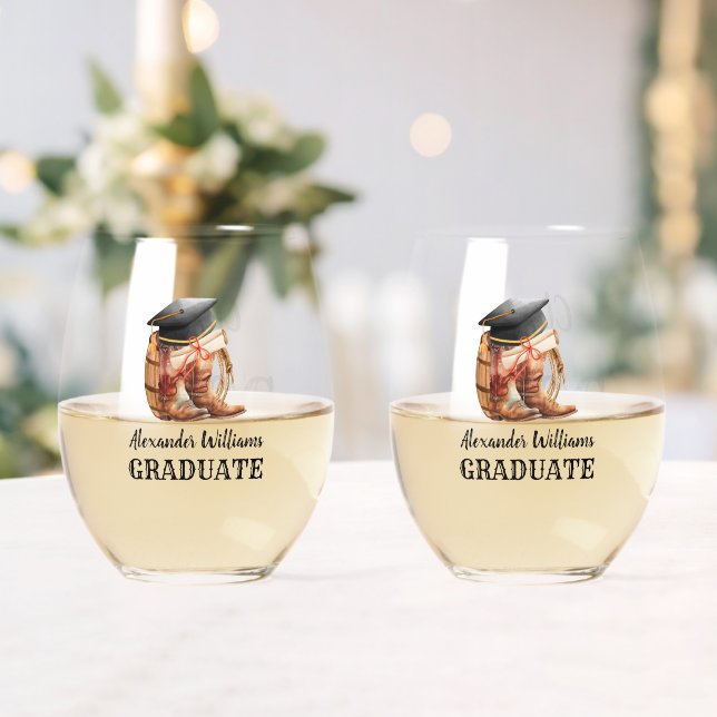 Western Graduation Party Cowboy Stemless Wine Glass (Insitu (Wedding))