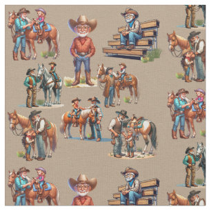 Western Grandpa Cowboy With Kids and Horses Fabric