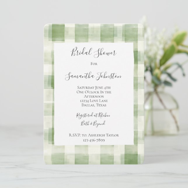 Western Green Cream Plaid Stripes Bridal Shower Invitation (Standing Front)